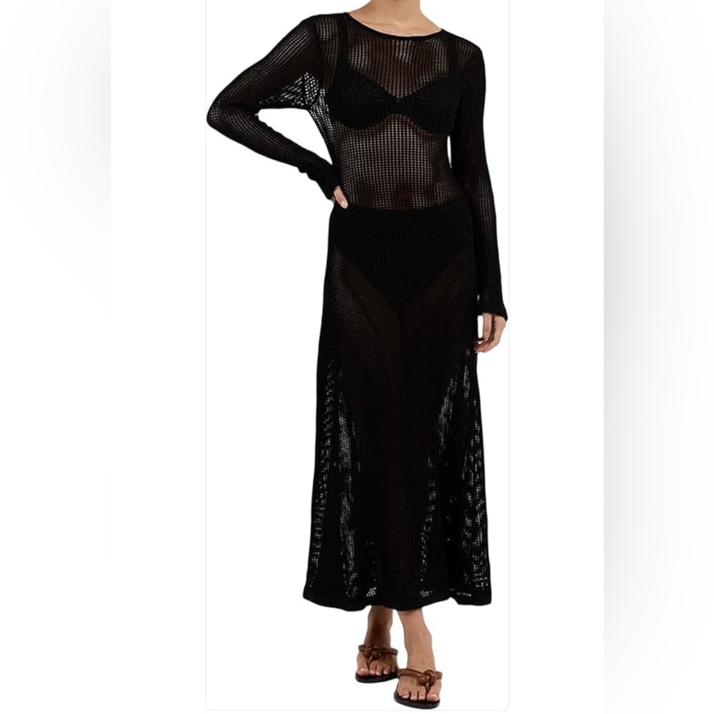 Long Maxi Black Knit Beach Pool Coverup Holiday Swim Cover Swimsuit Vacation